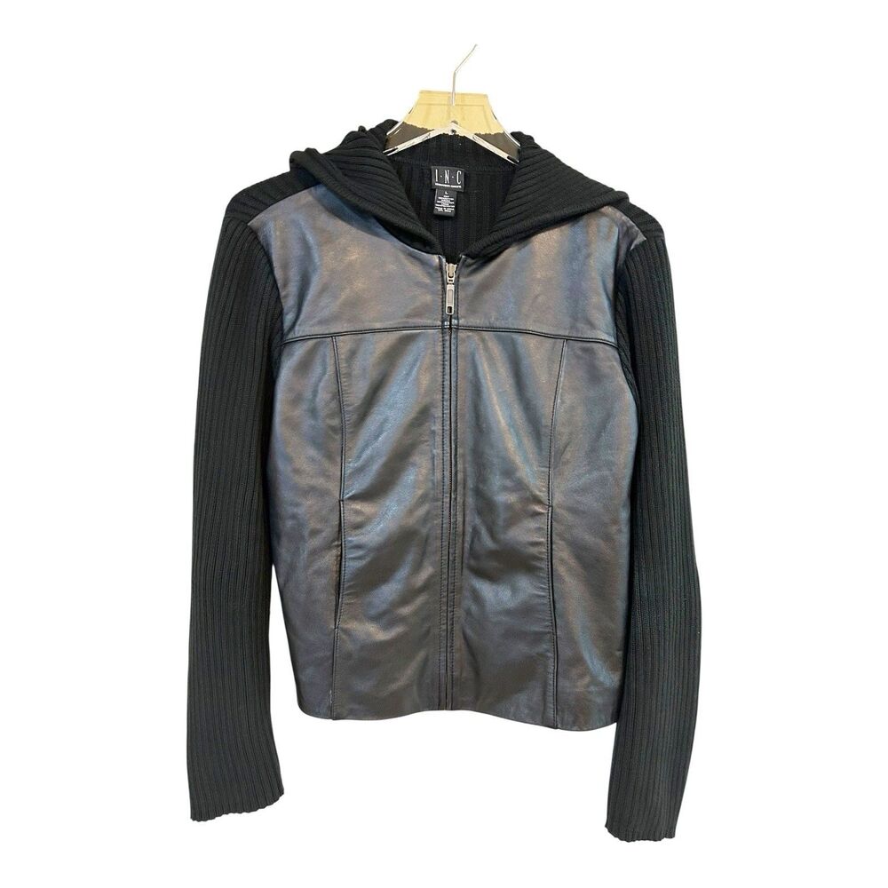 VTG International Concepts INC Genuine Leather/Knit Sweater Hoodie Jacket Sz L